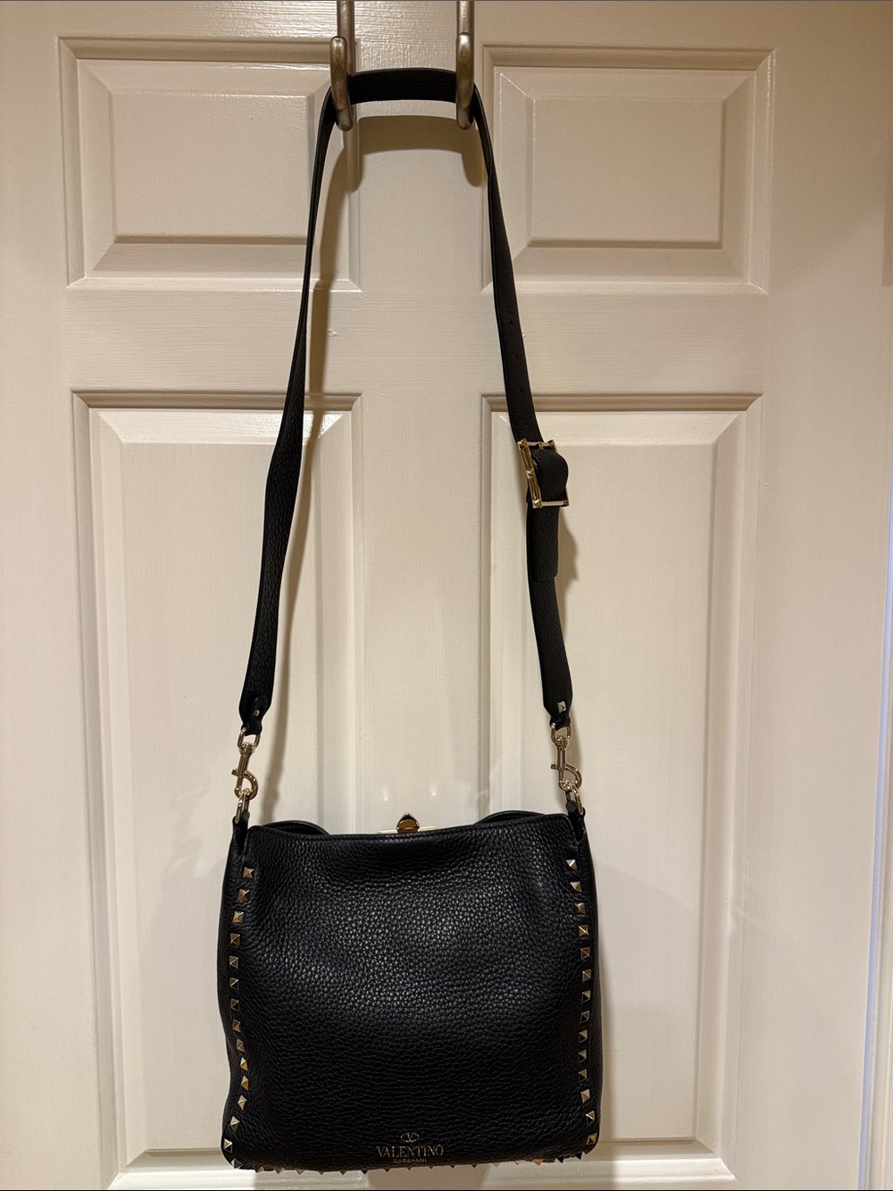 Valentino Black Pebbled Leather Crossbody with Gold Stud Trim